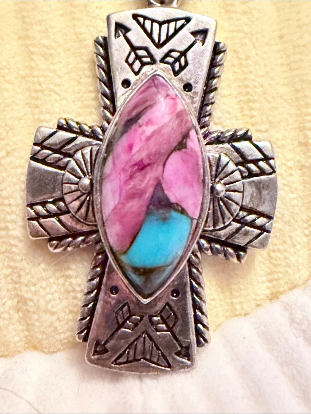 Source Unknown Sterling Silver Cross Pendant with Pink and Turquoise Inlay
